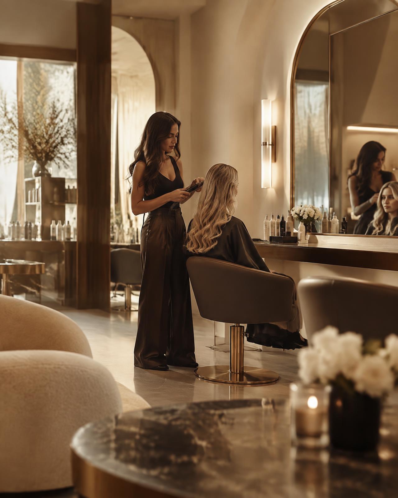 A stylist finishing a blow-dry in a luxury salon